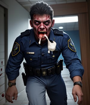 An abandoned police station, a muscular zombified LAPD male officer young Kaka
 in navy blue summer uniform and a watch with vomit dripped from his mouth, zombie white eyes. he's taken and possessed by white vomit that infect his mouth. He's with blood and vomiting slime parasite, thwn he vomit and staggering running then attack,
handsome male,Portrait,Close-up
