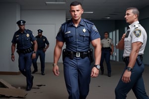 destroyed and messed up guard office, hordes burly muscular black african LAPD policemen in ultra dark blue short sleeved uniform, ultra dark blue trousers, and wearing a watch walking unsteady.   in ultra dark blue short sleeved uniform, ultra dark blue trousers, and wearing a watch, 