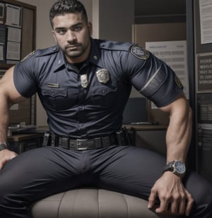 in the chaos  police station, a dead body of burly muscular mutant young Hispanic LAPD policeman, in black LAPD short sleeved uniform, and wearing a watch on left hand, with white eyes, found dead