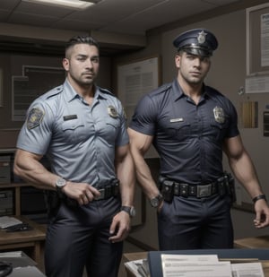 in the chaos  police station, a dead body of burly muscular mutant young Hispanic LAPD policeman, in black LAPD short sleeved uniform, and wearing a watch on left hand, with white eyes, found faint at the guard room