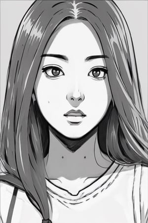 Illustrate a captivating grayscale image in a manga-inspired style, 1girl. Employ expressive facial features and shading for dimension, and leave visible lines and rough edges for a raw and unfinished aesthetic. Set against a blank background, create a contrast between the characters and their surroundings,