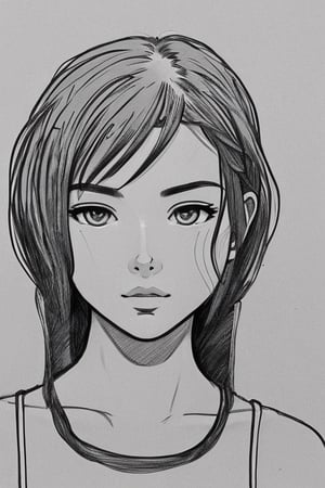 Illustrate a captivating grayscale image in a manga-inspired style, 1girl. Employ expressive facial features and shading for dimension, and leave visible lines and rough edges for a raw and unfinished aesthetic. Set against a blank background, create a contrast between the characters and their surroundings,aur4