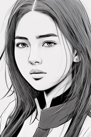 Illustrate a captivating grayscale image in a manga-inspired style, 1girl. Employ expressive facial features and shading for dimension, and leave visible lines and rough edges for a raw and unfinished aesthetic. Set against a blank background, create a contrast between the characters and their surroundings,