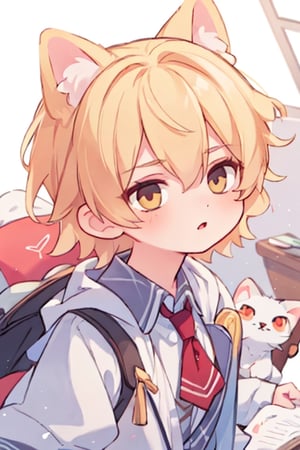 midjourney, masterpiece, best quality, extremely detailed face, perfect lighting, best quality, blonde boy with short hair, school boy,pastel, cat ears