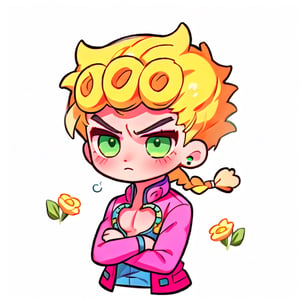 1boy, giornojojo, upper body, pectoral, ((clevage cutout)), blonde hair, braid, pink outfit,chibi, cute, green eyes, blue stud earrings, folding arms, little angry, kawaii, sticker art, ,giornojojo,blue outfit
