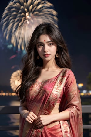 (4k), (masterpiece), (best quality), (extremely complex), (realistic), (sharp focus), (cinematic lighting), (extremely detailed), (epic), hindu girl in saree , fire_works behind , fireworks in background , long_hair , black_hair , pink_saree , night_view , diwali_festival , indian , (portrait) , bookeh_effect 