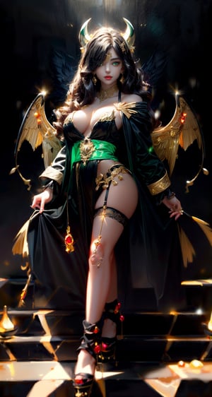 (best quality:1.4), high resolution, 8k, realistic, sharp focus, black haired demon girl, wavy hair, medium length hair, (black green and gold sexy lingerie:1.4), bright green eyes, shiny skin, blurry light background, EpicSky,1 girl, beautiful american girl, (large black and gold devil's wings from shoulders:1.4), full body, devil_horns, jewelry, (dangling_jeweled_earrings_with_gems:1.4), (dangling_jeweled_naval_piercing_with_gems:1.4), seductive_smile, happy,(anne hathaway:0.6),(sandra bullock:0.7), (walking:1.2) ,large_breasts, swept_bangs, thigh_high_stockings, knee_high_boots, SEE THROUGH, Sexy_attire, (sheer black open robe:1.4),sexy lingerie