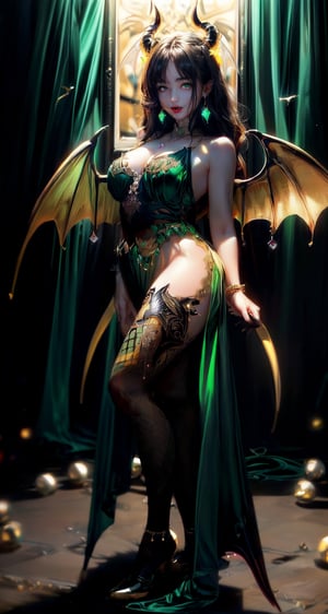 (best quality:1.4), high resolution, 8k, realistic, sharp focus, black haired demon girl, wavy hair, medium length hair, (black green and gold sexy lingerie:1.4), bright green eyes, shiny skin, blurry light background, EpicSky,1 girl, beautiful american girl, (large devil's wings from shoulders:1.4), full body, devil_horns, jewelry, (dangling_jeweled_earrings_with_gems:1.4), (dangling_jeweled_naval_piercing_with_gems:1.4), seductive_smile, happy,(anne hathaway:0.6),(sandra bullock:0.7), (walking:1.2) ,large_breasts, swept_bangs, thigh_high_stockings, knee_high_boots,Sexy_attire, SEE THROUGH