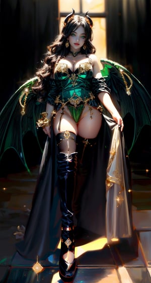 (best quality:1.4), high resolution, 8k, realistic, sharp focus, black haired demon girl, wavy hair, medium length hair, (black green and gold sexy lingerie:1.4), bright green eyes, shiny skin, blurry light background, EpicSky,1 girl, beautiful american girl, (pair of large black devil's wings from shoulders:1.4), full body, devil_horns, jewelry, (dangling_jeweled_earrings_with_gems:1.4), (dangling_jeweled_naval_piercing_with_gems:1.4), seductive_smile, happy,(anne hathaway:0.6),(sandra bullock:0.7), (walking:1.2) ,large_breasts, swept_bangs, thigh_high_stockings, knee_high_boots, SEE THROUGH, Sexy_attire, (sheer black open robe:1.4),sexy lingerie