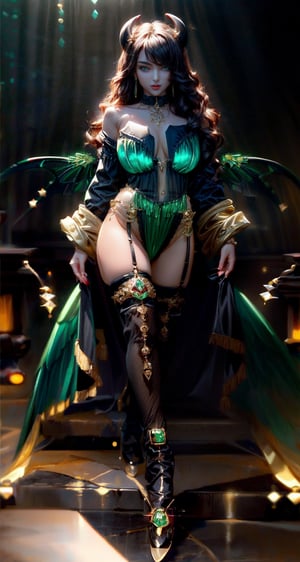 (best quality:1.4), high resolution, 8k, realistic, sharp focus, black haired demon girl, wavy hair, medium length hair, (black green and gold sexy lingerie:1.4), bright green eyes, shiny skin, blurry light background, EpicSky,1 girl, beautiful american girl, (pair of large black devil's wings from shoulders:1.4), full body, devil_horns, jewelry, (dangling_jeweled_earrings_with_gems:1.4), (dangling_jeweled_naval_piercing_with_gems:1.4), seductive_smile, happy,(anne hathaway:0.6),(sandra bullock:0.7), (walking:1.2) ,large_breasts, swept_bangs, thigh_high_stockings, knee_high_boots, SEE THROUGH, Sexy_attire, (sheer black open robe:1.4),sexy lingerie