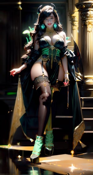 (best quality:1.4), high resolution, 8k, realistic, sharp focus, black haired demon girl, wavy hair, medium length hair, (black green and gold sexy lingerie:1.4), bright green eyes, shiny skin, blurry light background, EpicSky,1 girl, beautiful american girl, (pair of large black devil's wings from shoulders:1.4), full body, devil_horns, jewelry, (dangling_jeweled_earrings_with_gems:1.4), (dangling_jeweled_naval_piercing_with_gems:1.4), (seductive_smile:1.4), (happy:1.2),(anne hathaway:0.6),(sandra bullock:0.7), (walking:1.2) ,large_breasts, (swept_bangs:1.2), thigh_high_stockings, knee_high_boots, SEE THROUGH, Sexy_attire, (sheer black open robe:1.4),sexy lingerie