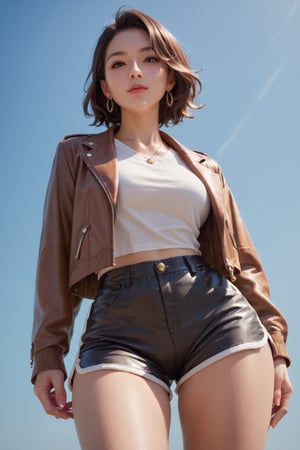 Charming woman, pose , upper body shot, wide angle shot, masterpiece, hyper details, intricate details, cute jacket, beautiful shorts,score_9, score_8_up, score_8,,score_7_up,