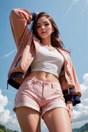 Charming woman, pose , upper body shot, wide angle shot, masterpiece, hyper details, intricate details, cute jacket, beautiful shorts,score_9, score_8_up, score_8,,score_7_up,