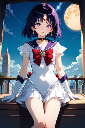 score_9, score_8_up, score_7_up,1girl,tiny_girl,young,Japanese girl, fair skin, cute, petite, masterpiece,((best quality, 8k, ultra-detailed)),cg,perfect anatomy,(solo:1.4),pretty face,highres,sailor saturn, purple eyes, short hair, purple hair, circlet,brooch, choker, earrings, gloves, jewelry, magical girl, miniskirt, purple sailor collar, sailor collar, sailor senshi uniform, skirt, star choker, white gloves,black hair,blush,shy,,Graceful,luxurious,full-body shot,looking-at-viewerOn the balcony of a high-rise building, the background is the city night view and the starry sky,Low-angle Shot