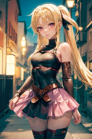 1girl,10 years old,beautiful Girl,((blond)),extremely detailed and delicate anime face and eyes,single focus,Beautiful Lips, {correct posture}, {minutes details}, {detailed body}, {detailed clothing}, {Bright Eyes}, {accessories}, {solo},(Hands:1.1),better_hands,sad expression,8k, ((best quality)), ((masterpiece)), high_res,looking at viewer,oppai, scenery, mountains,night sky,shy,cape,belt,miniskirt,pink skirt,thighhighs,