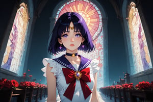 score_9, score_8_up, score_7_up,masterpiece,((best quality, 8k, ultra-detailed)),cg,perfect anatomy,(solo:1.4),1girl,tiny_girl,young,Japanese girl, fair skin, cute, petite,pretty face,sailor saturn, purple eyes, short hair, purple hair, circlet,brooch, choker,earrings, gloves, jewelry, magical girl, miniskirt, purple sailor collar, sailor collar, sailor senshi uniform, skirt, star choker, white gloves,black hair,blush,shy,Graceful,luxurious,((full-body shot)),looking-at-viewer,Low-angle Shot,(side_view:1.4),((chapel,Stained glass)), natural light, dynamic far view shot,cinematic lighting, perfect composition,extremely detailed cg unity 8k wallpaper, detailed background,(hyperrealistic:1.4), highres,