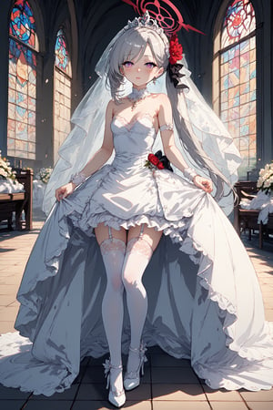 1girl, solo, long hair, breasts, looking at viewer, blush, hair ornament, thighhighs, dress, bare shoulders, standing, purple eyes, full body, flower, grey hair, small breasts, alternate costume, indoors, hair flower, white dress, high heels, side ponytail, white thighhighs, garter straps, halo, white footwear, tiara, veil, wedding dress, skirt hold, church, mutsuki \(blue archive\)