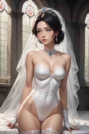 score_9, score_8_up, score_7_up,1girl,young,Japanese girl, fair skin, cute, ,masterpiece,((best quality, 8k, ultra-detailed)),cg,perfect anatomy,(solo:1.4),pretty face,leotard,bridal veil,stockings,long_black_hair,sexy_pose,in the cathedral, 8K,(profile:0.6),blush,shy,