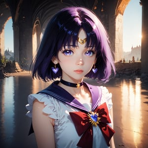 score_9, score_8_up, score_7_up,masterpiece,((best quality, 8k, ultra-detailed)),cg,perfect anatomy,(solo:1.4),1girl,tiny_girl,young,Japanese girl, fair skin, cute, petite,pretty face,highres,sailor saturn, purple eyes, short hair, purple hair, circlet,brooch, choker, earrings, gloves, jewelry, magical girl, miniskirt, purple sailor collar, sailor collar, sailor senshi uniform, skirt, star choker, white gloves,black hair,blush,shy,Graceful,luxurious,full-body shot,looking-at-viewer,Low-angle Shot,(side_view:1.4),((chapel,Stained glass)), natural light, dynamic far view shot,cinematic lighting, perfect composition, by sumic.mic, ultra detailed, official art, masterpiece, (best quality:1.3), reflections, extremely detailed cg unity 8k wallpaper, detailed background,(hyperrealistic:1.4), (photorealistic:1.2), highres,