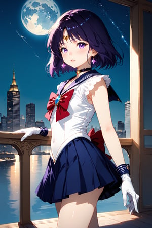score_9, score_8_up, score_7_up,1girl,tiny_girl,young,Japanese girl, fair skin, cute, petite, masterpiece,((best quality, 8k, ultra-detailed)),cg,perfect anatomy,(solo:1.4),pretty face,highres,sailor saturn, purple eyes, short hair, purple hair, circlet,brooch, choker, earrings, gloves, jewelry, magical girl, miniskirt, purple sailor collar, sailor collar, sailor senshi uniform, skirt, star choker, white gloves,black hair,blush,shy,,Graceful,luxurious,full-body shot,looking-at-viewerOn the balcony of a high-rise building, the background is the city night view and the starry sky,Low-angle Shot,(side_view:1.4)