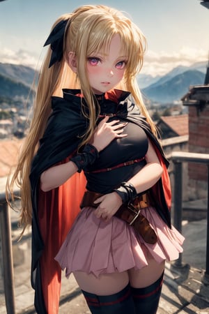 1girl,10 years old,beautiful Girl,((blond)),extremely detailed and delicate anime face and eyes,single focus,Beautiful Lips, {correct posture}, {minutes details}, {detailed body}, {detailed clothing}, {Bright Eyes}, {accessories}, {solo},(Hands:1.1),better_hands,sad expression,8k, ((best quality)), ((masterpiece)), high_res,looking at viewer,oppai, scenery, mountains,night sky,shy,cape,belt,miniskirt,pink skirt,thighhighs,