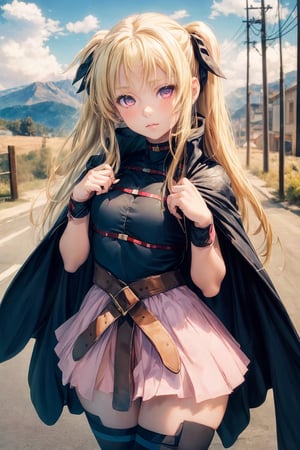 1girl,10 years old,beautiful Girl,((blond)),extremely detailed and delicate anime face and eyes,single focus,Beautiful Lips, {correct posture}, {minutes details}, {detailed body}, {detailed clothing}, {Bright Eyes}, {accessories}, {solo},(Hands:1.1),better_hands,sad expression,8k, ((best quality)), ((masterpiece)), high_res,looking at viewer,oppai, scenery, mountains,night sky,shy,cape,belt,miniskirt,pink skirt,thighhighs,