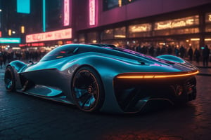 Create a cinematic film still of a futuristic cyberpunk supercar, prominently displayed in a bustling night city square. The image should exude a high-budget, epic atmosphere, with a sharp focus on the sleek, smooth lines of the car, which should be highly detailed and rendered in 4K HDR quality for stunning clarity and color depth. The city should be alive with cyberpunk aesthetics, including neon signs and holographic advertisements, captured in cinemascope to emphasize the grandeur of the setting. The mood is moody and gorgeous, with a deep depth of field to highlight the car against the blurred cityscape, accentuated by the bokeh effect of city lights. Ensure the final image is high resolution, with a balance between the sharpness of the car and the smoothness of its surroundings.