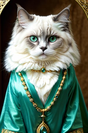 cat, ((blue mitted ragdoll)), ((green eyes)),((wearing a only aqua robe)), god, god emblems, extremaly detailed cleared up photo illustration, intricate details, jewellry, ((earrings))