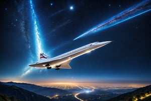 Envision a captivating night scene passenger concorde plane gracefully soaring through a star-studded sky, leaving trails of soft luminescence in its wake, as it embarks on a journey through the tranquil beauty of the night.