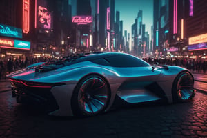 Create a cinematic film still of a futuristic cyberpunk supercar, prominently displayed in a bustling night city square. The image should exude a high-budget, epic atmosphere, with a sharp focus on the sleek, smooth lines of the car, which should be highly detailed and rendered in 4K HDR quality for stunning clarity and color depth. The city should be alive with cyberpunk aesthetics, including neon signs and holographic advertisements, captured in cinemascope to emphasize the grandeur of the setting. The mood is moody and gorgeous, with a deep depth of field to highlight the car against the blurred cityscape, accentuated by the bokeh effect of city lights. Ensure the final image is high resolution, with a balance between the sharpness of the car and the smoothness of its surroundings. Mezmerizing atmosphere.