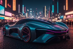 Create a cinematic film still of a futuristic cyberpunk supercar, prominently displayed in a bustling night city square. The image should exude a high-budget, epic atmosphere, with a sharp focus on the sleek, smooth lines of the car, which should be highly detailed and rendered in 4K HDR quality for stunning clarity and color depth. The city should be alive with cyberpunk aesthetics, including neon signs and holographic advertisements, captured in cinemascope to emphasize the grandeur of the setting. The mood is moody and gorgeous, with a deep depth of field to highlight the car against the blurred cityscape, accentuated by the bokeh effect of city lights. Ensure the final image is high resolution, with a balance between the sharpness of the car and the smoothness of its surroundings.