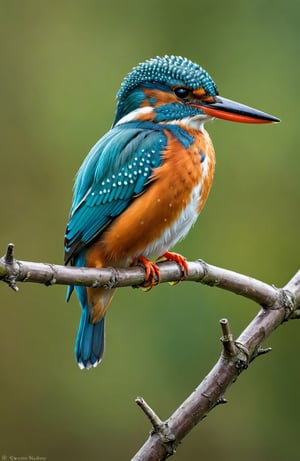 beautiful kingfisher, amazingly detailed realistic photo, kingfisher sitting on a twig, bright colours, the photo gives a touch of spring nature