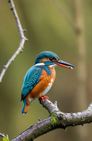 beautiful kingfisher, amazingly detailed realistic photo, kingfisher sitting on a twig, slightly blurred river and trees in the background, bright colours, the photo gives a touch of spring nature