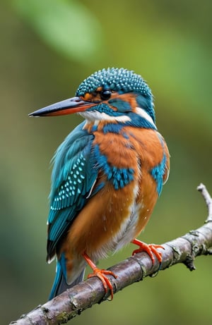 beautiful kingfisher, amazingly detailed realistic photo, kingfisher sitting on a twig, slightly blurred river and trees in the background, bright colours, the photo gives a touch of spring nature