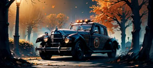 horror story, 1930s style police vehicle is speeding down the outdoors, tree, no humans, ground vehicle, scenery, motor vehicle, car, road, autumn leaves, vehicle focus, lamppost, street, autumn, sports car, urban, ultra realistic, bright colors, poster composition, full car in frame, full car picture, highly detailed, 8k, 1000mp, ultra sharp, masterpiece, realistic, detailed grills, detailed headlights, 4k grill, 4k headlight