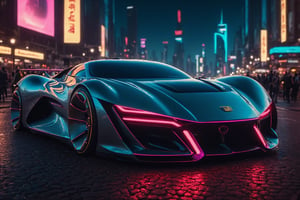Create a cinematic film still of a futuristic cyberpunk supercar, prominently displayed in a bustling night city square. The image should exude a high-budget, epic atmosphere, with a sharp focus on the sleek, smooth lines of the car, which should be highly detailed and rendered in 4K HDR quality for stunning clarity and color depth. The city should be alive with cyberpunk aesthetics, including neon signs and holographic advertisements, captured in cinemascope to emphasize the grandeur of the setting. The mood is moody and gorgeous, with a deep depth of field to highlight the car against the blurred cityscape, accentuated by the bokeh effect of city lights. Ensure the final image is high resolution, with a balance between the sharpness of the car and the smoothness of its surroundings. Mezmerizing atmosphere.