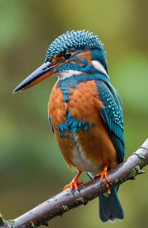 beautiful kingfisher, amazingly detailed realistic photo, kingfisher sitting on a twig, slightly blurred river and trees in the background, bright colours, the photo gives a touch of spring nature