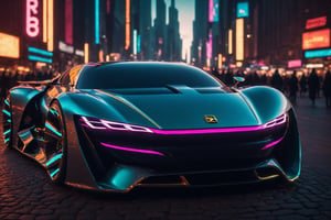 Create a cinematic film still of a futuristic cyberpunk supercar, prominently displayed in a bustling night city square. The image should exude a high-budget, epic atmosphere, with a sharp focus on the sleek, smooth lines of the car, which should be highly detailed and rendered in 4K HDR quality for stunning clarity and color depth. The city should be alive with cyberpunk aesthetics, including neon signs and holographic advertisements, captured in cinemascope to emphasize the grandeur of the setting. The mood is moody and gorgeous, with a deep depth of field to highlight the car against the blurred cityscape, accentuated by the bokeh effect of city lights. Ensure the final image is high resolution, with a balance between the sharpness of the car and the smoothness of its surroundings.