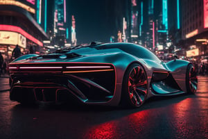 Create a cinematic film still of a futuristic cyberpunk supercar, prominently displayed in a bustling night city square. The image should exude a high-budget, epic atmosphere, with a sharp focus on the sleek, smooth lines of the car, which should be highly detailed and rendered in 4K HDR quality for stunning clarity and color depth. The city should be alive with cyberpunk aesthetics, including neon signs and holographic advertisements, captured in cinemascope to emphasize the grandeur of the setting. The mood is moody and gorgeous, with a deep depth of field to highlight the car against the blurred cityscape, accentuated by the bokeh effect of city lights. Ensure the final image is high resolution, with a balance between the sharpness of the car and the smoothness of its surroundings.