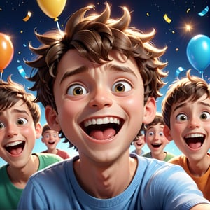 masterpiece artwork, best quality,  

Cartoon Illustration, 
a cute boy, making a funny face in the selfie, laughing, close up, in a party,

8k, octane render, natural lighting, hyperrealistic, 
3d cartoon, extremely detailed, dynamic angle, 
magic, surreal, fantasy, digital art, UHD, cinematic perfect light,