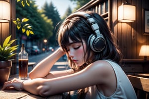 masterpiece artwork, best quality,
1 lofi girl,  sleeveless shirt, headphones, sitting at a table, portrait, (close-up), (eyes closed), reading, low light, soft focus, warm colors, vintage vibes, relaxing atmosphere, coffee shop, plant decor, peaceful silence, soft shadows, 
8k, natural lighting, 
extremely detailed, 
digital art, UHD, cinematic perfect light,Lofi style, perfect