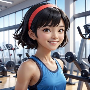 masterpiece artwork, best quality,  

Cartoon Illustration, 
A beautiful Japanese young woman named Aiko, with short black hair, wearing a head band, sports top, sports shorts, smiling, portrait, close-up, exercising at a gym, side view, in an office,

8k, octane render, natural lighting, hyperrealistic, 
3d cartoon, extremely detailed, dynamic angle, 
magic, surreal, fantasy, digital art, UHD, cinematic perfect light,