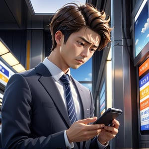 masterpiece artwork, best quality,  

Cartoon Illustration, 
a Japanese young businessman, On the platforms in Japan, lowered their head, looking down at their own mobile phone screen, portrait, close-up,

8k, octane render, natural lighting, hyperrealistic, 
3d cartoon, extremely detailed, dynamic angle, 
magic, surreal, fantasy, digital art, UHD, cinematic perfect light,