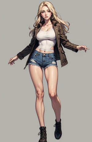 swedish girl, beautiful face, blonde, torn shirt and denim shorts , long legs, sweating through, Nice warm colors,1 girl, Best Quality, masterpiece, simple_background, full body, perfect body,Grt2c,dabuFlatMix_v10.safetensors