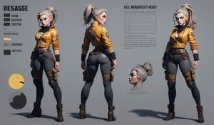 The concept character sheet of a strong, attractive, and hot warrior lady, mad max style, post apocalyptic style, dieselpunk look, dieselpunk setting, dieselpunk soldier girl, wearing techwear and armor, Cyberpunk costumes, In steampunk style, Her face is oval,  forehead is smooth and visibly rounded at the temples. jawline is softly defined,  giving her a gentle and feminine appearance, full body,  Full of details, frontal body view, back body view, Highly detailed, Depth, Many parts,((Masterpiece, Highest quality)), 8k, Detailed face (ponytail hair) (grey hair) (golden eyes), angry expression, Infographic drawing. Multiple sexy poses. tattoos,3d,SAM YANG,incase