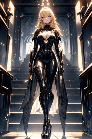 full body picture Unreal Engine 5 8K UHD of beautiful woman, blonde hair, shiny black tight futuristic special force suit, equipping futuristic weapon, cyberpunk world, beautiful make up, best quality, masterpiece

