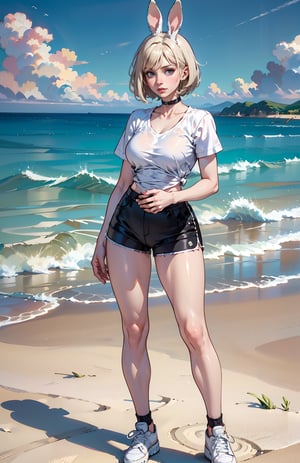 1 girl, blond hair, (choker), russian, blue eyes, bob_cut, bunny black ears, white shirt, skimpy tight black shorts, white sneakers, standing, looking at the viewer, perfect hands, beautiful face, at the beach, full body, perfect body, PERFECT HANDS, MEDIUM BREAST