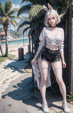 1 girl, blond hair, (choker), russian, blue eyes, bob_cut, bunny black ears, white shirt, skimpy tight black shorts, white sneakers, standing, looking at the viewer, perfect hands, beautiful face, at the beach, rounded by palms, full body, perfect body, PERFECT HANDS, MEDIUM BREAST