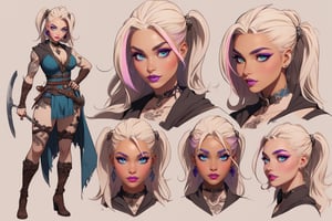 The concept character sheet of a strong, attractive, and woman full body, detailed wearing Harley Quinn cosplay, Viking warrior style, combat position, viking age. Her face is oval, forehead is smooth and visibly rounded at the temples. jawline is softly defined, giving her a gentle and feminine appearance, full body, Full of details, frontal body view, back body view, Highly detailed, Depth, Many parts, ((Masterpiece, Highest quality)), 8k, Detailed face, scars, serious expression. Infographic drawing. Multiple sexy poses. tattoos,3d, choker