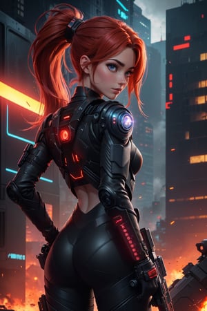 a 1girl, 20years old, хмурая, (The appearance of cyberpunk: Red hair gathered in a ponytail, Tactical eyepieces, There are luminous elements on the clothes, Cyber implants, Diode world, Combat black jumpsuit made of kivlar, In the hands of two sharp laser swords), against the backdrop of destruction and corpses of enemies, city  of the future, ultradetail, hyper realisitc, proportionally, Composition in the center, full length, The figure is completely in the frame, Behind the fire and smoke